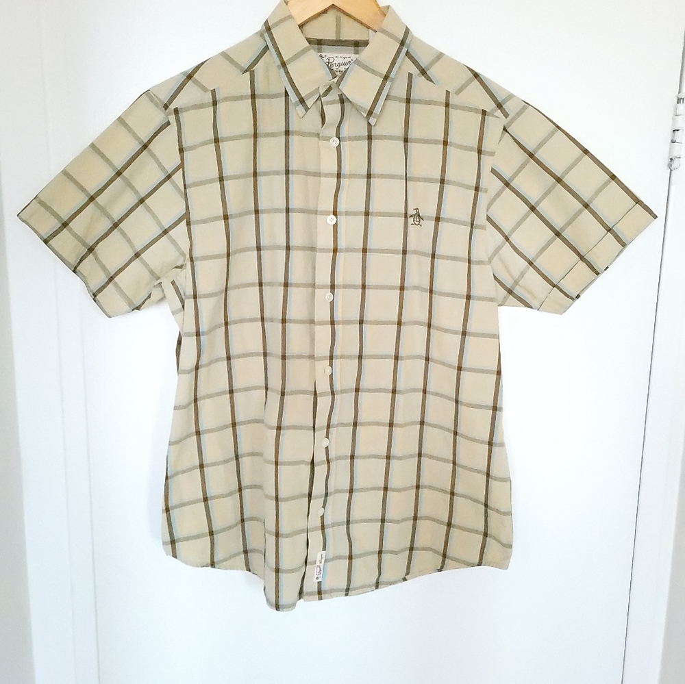 Vintage Penguin Shirt Men L Pastel Madras Checked Pattern Thin Summer Fabric